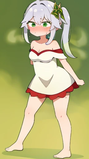 masterpiece、best quality、Exquisite、High resolution、extremely delicate and beautiful、(gray hair)、close up shot、(green eyes)、(sweaty)、red face、cleavage、off shoulder attire,full body photo,perfect body,woman stinks、fart、shyness、blush