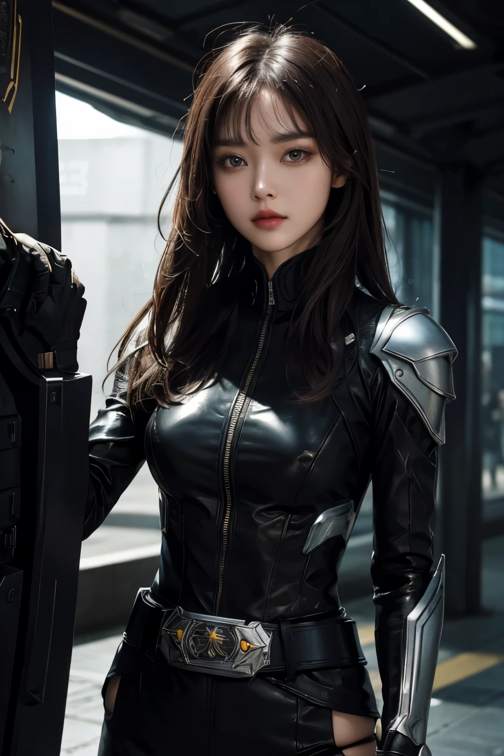Upper body close-up image。One Beautiful Woman。Dark brown hair。The bangs are cut vertically at the forehead.。She wears metallic black combat uniform.。At the waist, he wears something reminiscent of Kamen Rider's transformation belt。she is wide々standing in a plaza with spaceships。beautiful double eyes。Passed nose