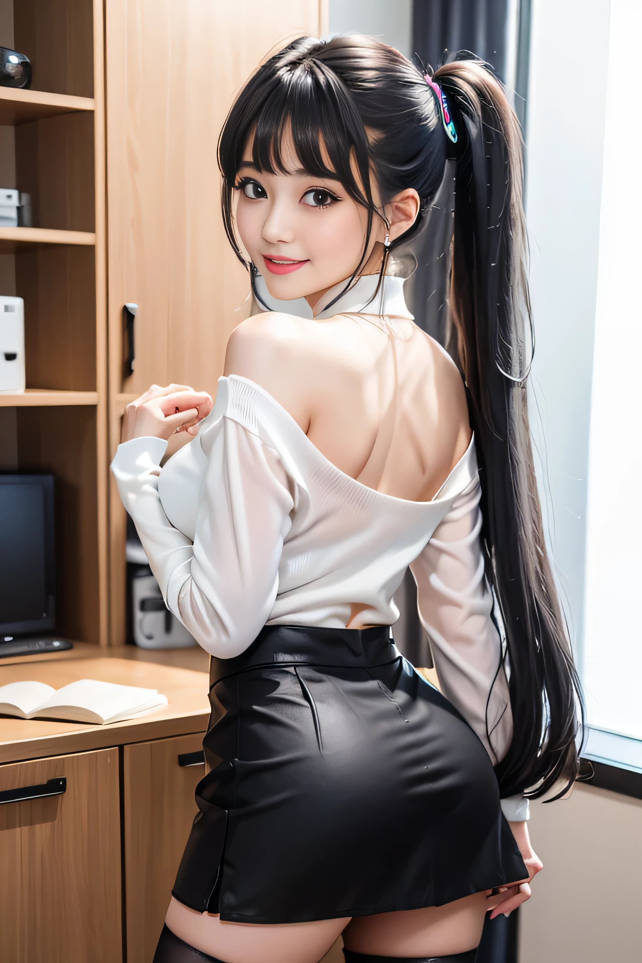 （girl standing in office room）、（（Rear view））, silver hair, bangs, 鈍いbangs, long straight hair, （side ponytail）aqua eye, long eyelashes, three-dimensional round eyes, compensate, open your mouth, blush, parted lips, bright pupils, smiley, enchanting smile, shine, surrealism, modern,career woman、）lou（white shirt、off shoulder tight skirt、black pantyhose、high heels、(ホワイトlouスクロップトップ, black tight skirt: 1.6)、（wearing glasses）、