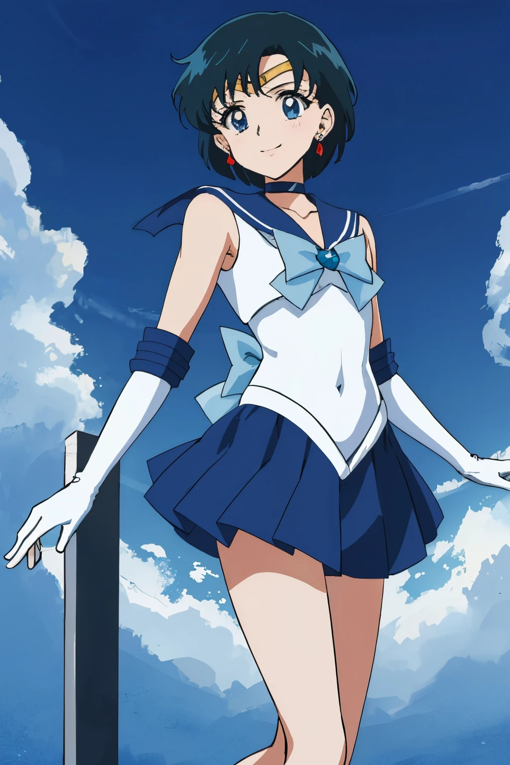 Top Quality Anime Art、masterpiece、high definition anime art、アニメstyle4K、High resolution、anime boy、Junior high school boys、solo、jewelry、blue choker、white gloves、elbow bag、Very short blue-haired boy、Sailor Senshi Uniform、skirt、earrings、Blue-eyed boy、blue sailor collar、Sky blue bow tie、smile、blue skirt、Strong muscles、white leotard、high leg leotard、white dress、Condescending、mini skirt、pleated skirt、blue_bow、sky blue_bow、white_bow、bow、Boy standing、collarbone、strong abdominal muscles、Muscular and strong、cowboy shot、bangs、mouth closed、Magical Boy、muscular man、Bare shoulders、bare legs、魅惑的なanime boy、(1990s\(style\):0.9)、
