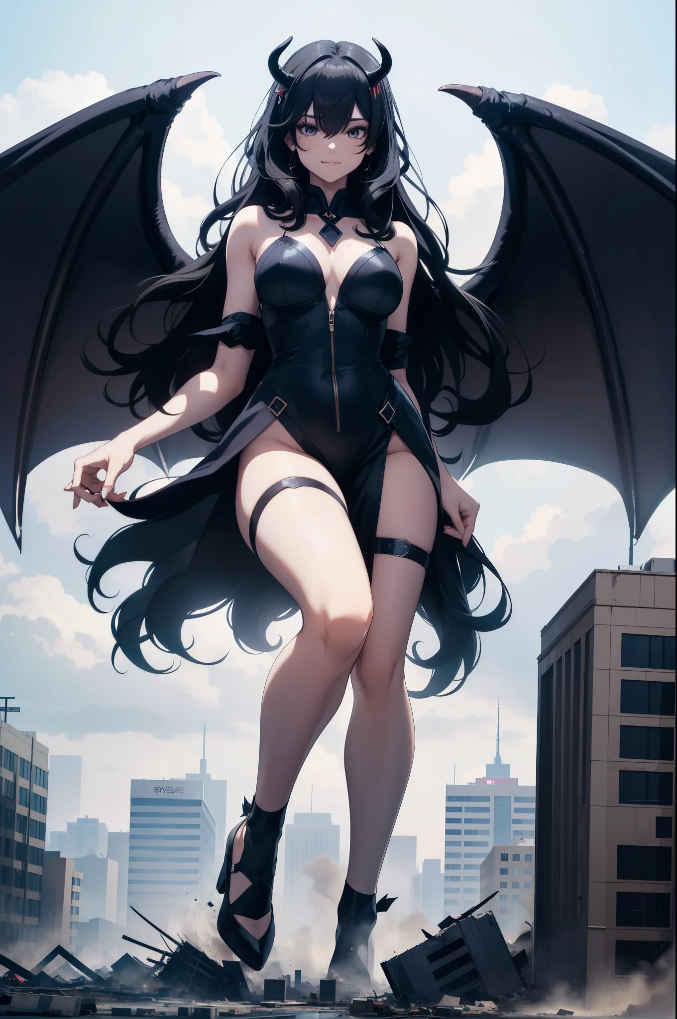 Aerial View,Giant girl 50,000 feet tall,Have a pair of long legs,Possessing a pair of huge demon wings,Has black waist-length hair,Loose hair,Wearing a pair of Mary Jane shoes,black curly hair,A look of enjoyment,Standing tall on a destroyed city,Beautiful appearance,Exquisite makeup,quality,8k,high quality,(governor:1.5),perfect proportions, Cinema lighting,film grain,Fuji colors,8k,textured skin,Super details,high detail,high quality,high resolution,explode,fake smile,black stockings,blood stains,脚底有blood stains