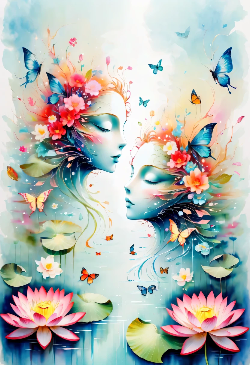 This watercolor flower painting presents an elegant and fresh visual effect。Lotus flowers and butterflies intertwined in the lake,Forming the perfect combination of nature and romance。The screen is dominated by a white background,Highlight isolated watercolor flower。Splash technology recreates wet conditions,The atmosphere seems vague and dreamy。Unique composition and abstract expression add to the artistic feel of the picture,Contains elements of surrealism。The overall color tone is mainly light tones,Red and gold complement each other,Show high-resolution details。The splash-ink effect adds a touch of agility to the picture,The light color gives the flowers a deep and restrained beauty.