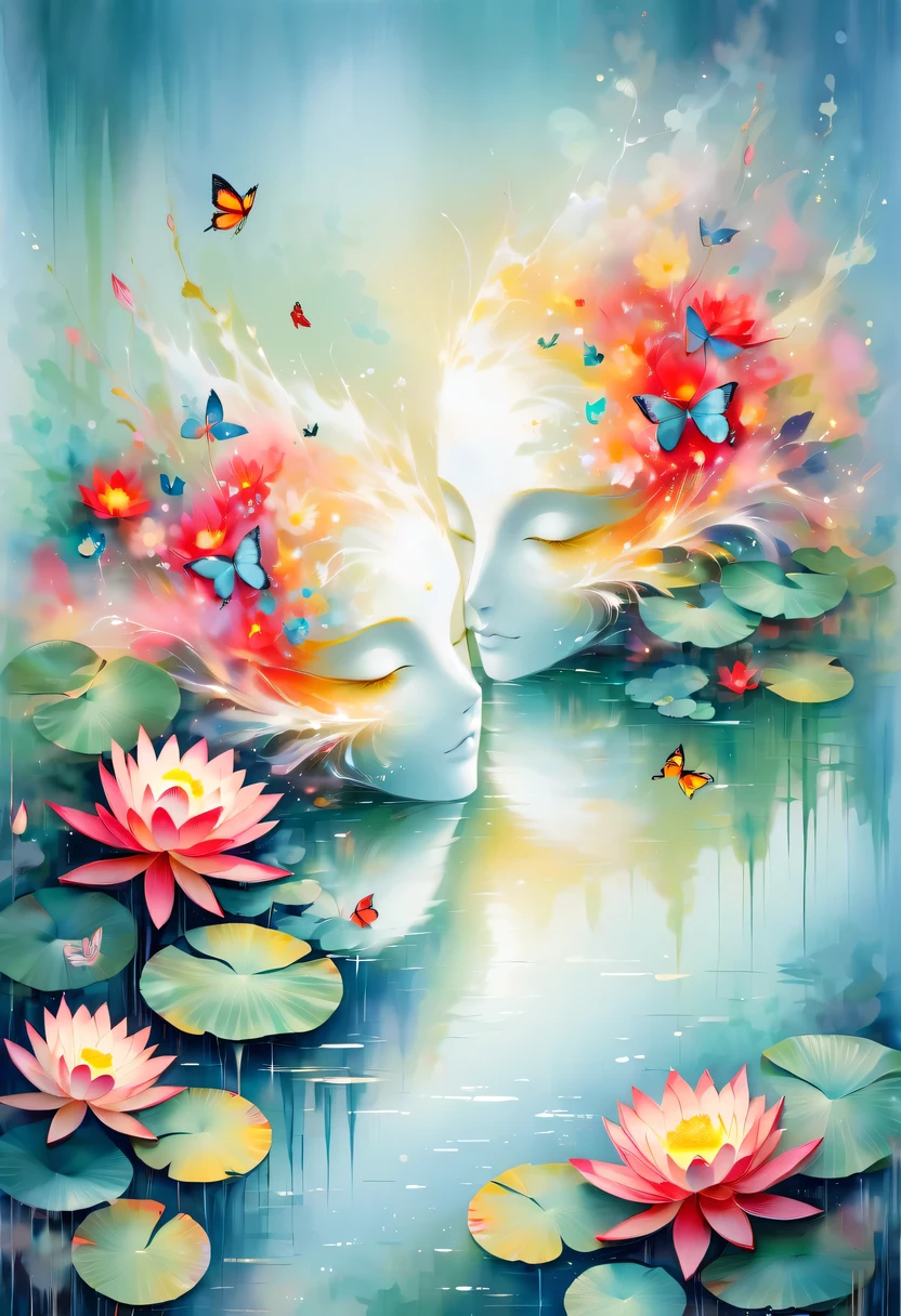 This watercolor flower painting presents an elegant and fresh visual effect。Lotus flowers and butterflies intertwined in the lake，Forming the perfect combination of nature and romance。The screen is dominated by a white background，Highlight isolated watercolor flower。Splash technology recreates wet conditions，The atmosphere seems vague and dreamy。Unique composition and abstract expression add to the artistic feel of the picture，Contains elements of surrealism。The overall color tone is mainly light tones，Red and gold complement each other，Show high-resolution details。The splash-ink effect adds a touch of agility to the picture，The light color gives the flowers a deep and restrained beauty.