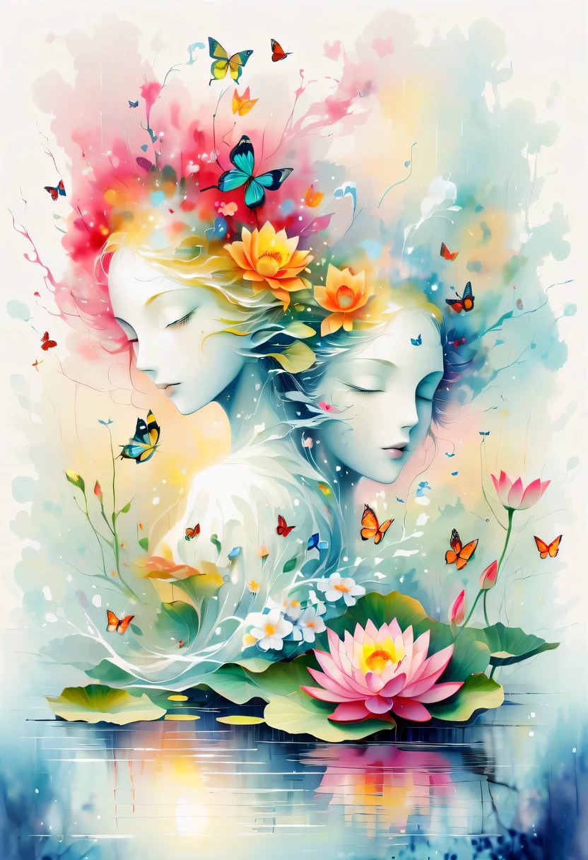 This watercolor flower painting presents an elegant and fresh visual effect。Lotus flowers and butterflies intertwined in the lake，Forming the perfect combination of nature and romance。The screen is dominated by a white background，Highlight isolated watercolor flower。Splash technology recreates wet conditions，The atmosphere seems vague and dreamy。Unique composition and abstract expression add to the artistic feel of the picture，Contains elements of surrealism。The overall color tone is mainly light tones，Red and gold complement each other，Show high-resolution details。The splash-ink effect adds a touch of agility to the picture，The light color gives the flowers a deep and restrained beauty.