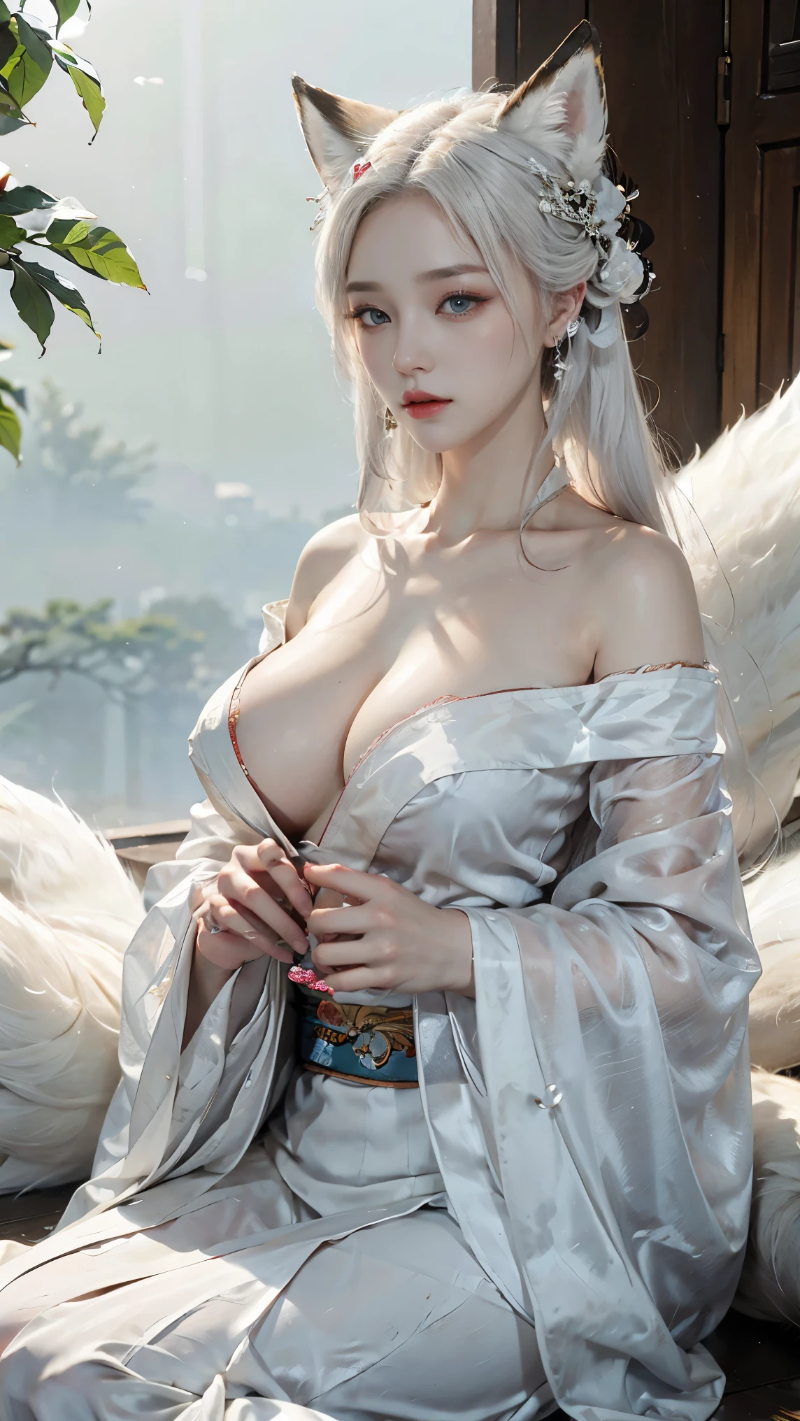 one nine-tailed fox girl wearing a kimono with her chest almost exposed, Beutiful blue eyes, skin white,pale skin, white kimono, very long white hair, fox ears, nine fox tails, chest almost visible, very large chest, very big chest, very huge breast 