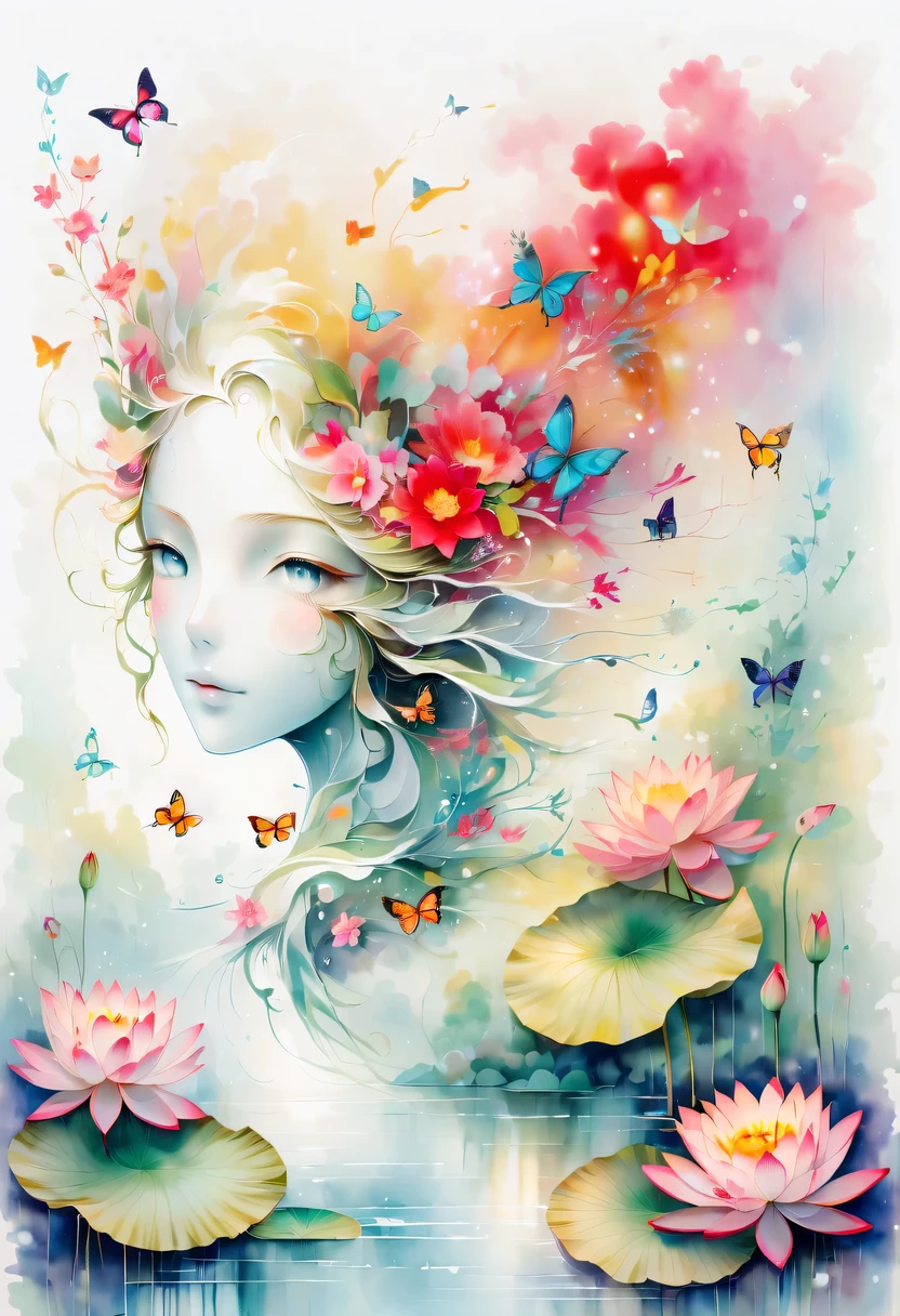 This watercolor flower painting presents an elegant and fresh visual effect。Lotus flowers and butterflies intertwined in the lake,Forming the perfect combination of nature and romance。The screen is dominated by a white background,Highlight isolated watercolor flower。Splash technology recreates wet conditions,The atmosphere seems vague and dreamy。Unique composition and abstract expression add to the artistic feel of the picture,Contains elements of surrealism。The overall color tone is mainly light tones,Red and gold complement each other,Show high-resolution details。The splash-ink effect adds a touch of agility to the picture,The light color gives the flowers a deep and restrained beauty.