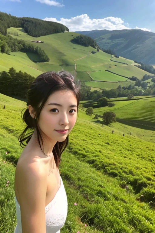 ((highest quality)), ((masterpiece)), (be familiar with), perfect face woman、Japanese、24age、Landscape、(side boob)