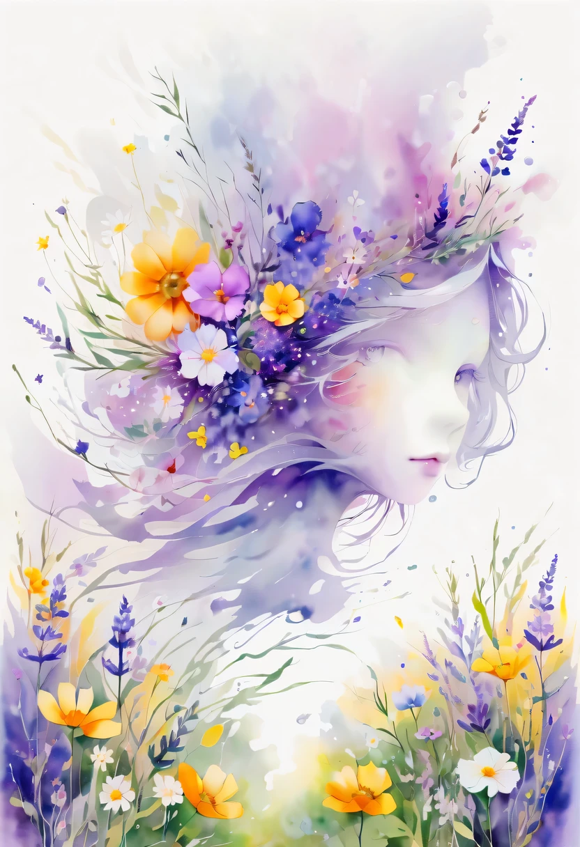 This watercolor flower painting presents an elegant and fresh visual effect。Wildflower and lavender fields,Forming the perfect combination of nature and romance。The screen is dominated by a white background,Highlight isolated watercolor flower。Splash technology recreates wet conditions,The atmosphere seems vague and dreamy。Unique composition and abstract expression add to the artistic feel of the picture,Contains elements of surrealism。The overall color tone is mainly light tones,Lilac and green complement each other beautifully,Show high-resolution details。The splash-ink effect adds a touch of agility to the picture,The light color gives the flowers a deep and restrained beauty.。