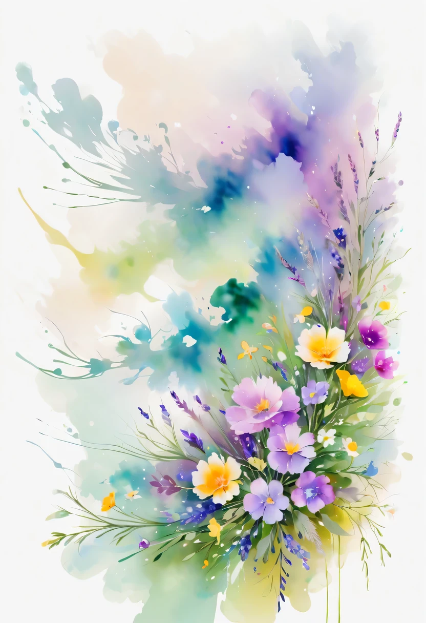 This watercolor flower painting presents an elegant and fresh visual effect。Wildflower and lavender fields,Forming the perfect combination of nature and romance。The screen is dominated by a white background,Highlight isolated watercolor flower。Splash technology recreates wet conditions,The atmosphere seems vague and dreamy。Unique composition and abstract expression add to the artistic feel of the picture,Contains elements of surrealism。The overall color tone is mainly light tones,Lilac and green complement each other beautifully,Show high-resolution details。The splash-ink effect adds a touch of agility to the picture,The light color gives the flowers a deep and restrained beauty.。