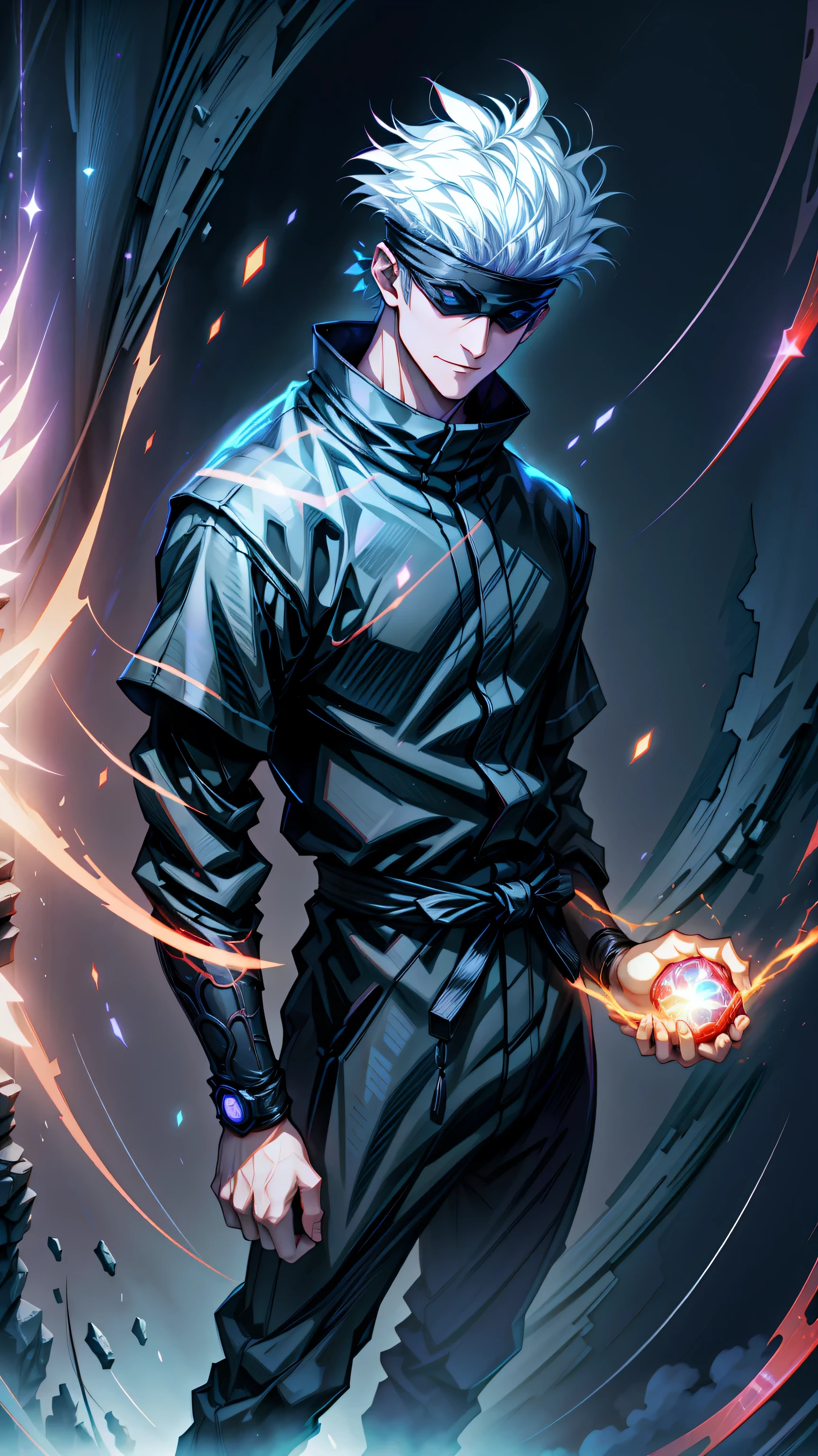 1boy, full body shot, perfect fingers, satoru gojo, blindfold, black outfit, white hair, battle pose, red energy void in right,blue energy void in left, smirk, red and blue moon background, wallpaper, cinematic,High resolution 8K, Bright light illumination, lens flare, sharpness, masterpiece, top-quality, The ultra -The high-definition, high resolution, extremely details CG, Anime style, Film Portrait Photography,