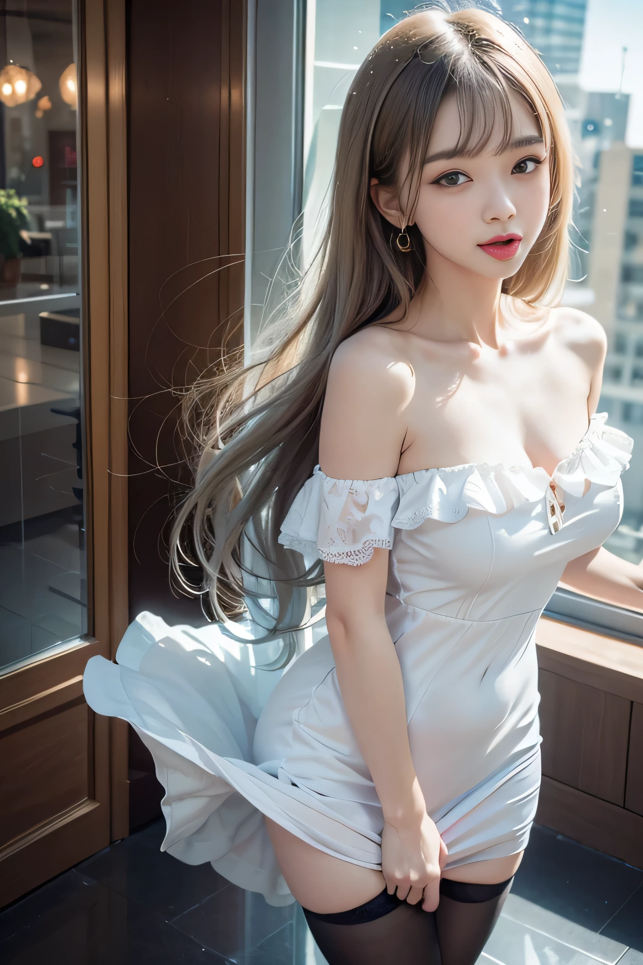 ((Girl Standing In Office)),(((Rear view)))、 silver hair, bangs, 鈍いbangs, long straight hair, aqua eye, long eyelashes, three-dimensional round eyes, compensate, open your mouth, blush, parted lips, bright pupils, smiley, enchanting smile, shine, surrealism, modern、black pantyhose、high heels、((pure white dress loral dress、、off shoulder、Panty shot: 1.6))、Skyscrapers are hazy in the windows4、((black lace panties))、((stick out your butt))、provocative、Skyscrapers are hazy in the windows4、(())、((stick out your butt))、provocative、 (best shadow: 1.1), (tongue、膣兰、watery vaginal discharge、blowing tide)、