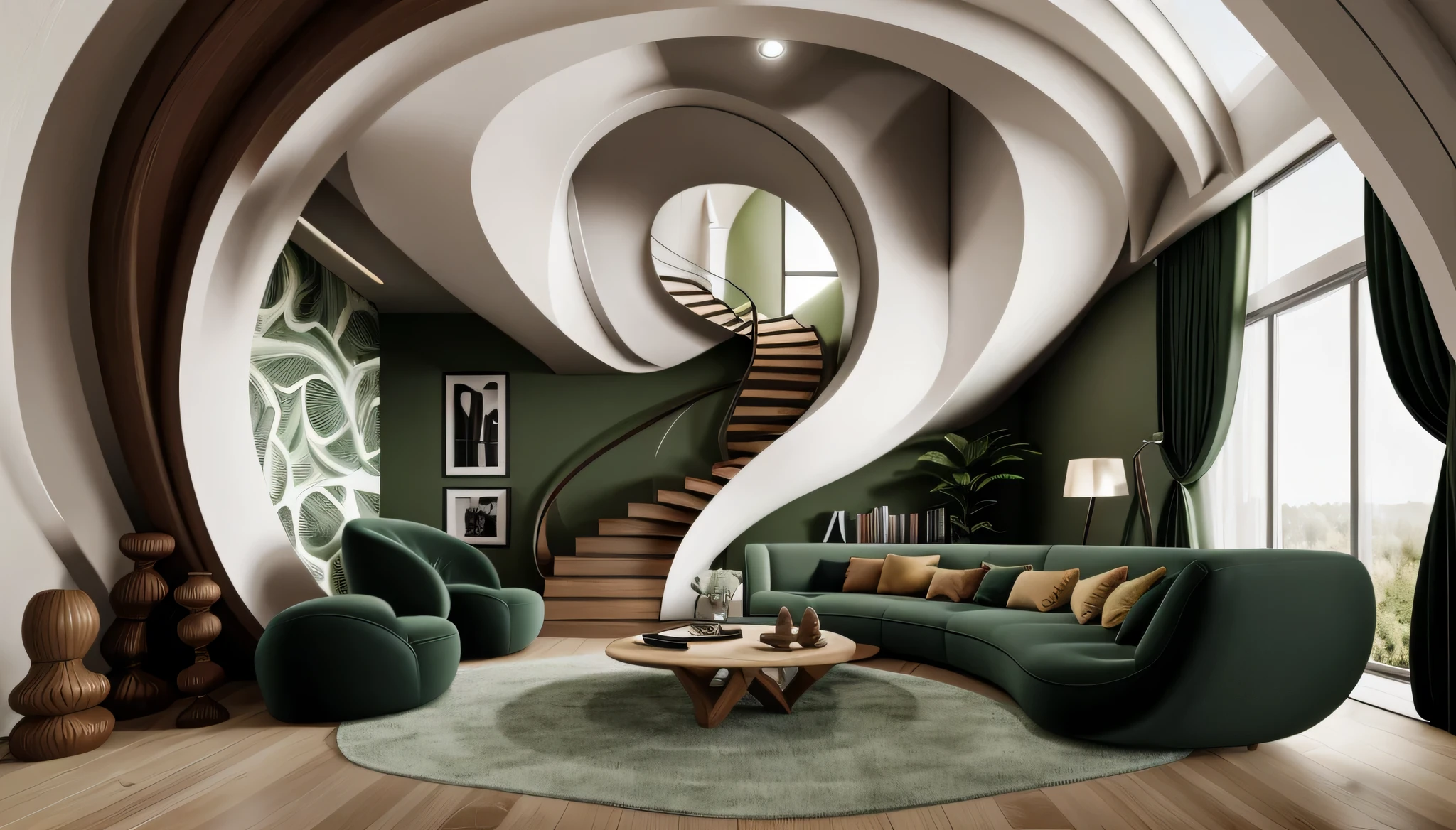 best quality, masterpiece, LIVING ROOM Interior design, 1000k, minimalist style:1.2, (GREEN /WIGHT tone:1.2),Modern living room interior design with abstract wooden vaulted ceiling and walls with ai-shaped curves