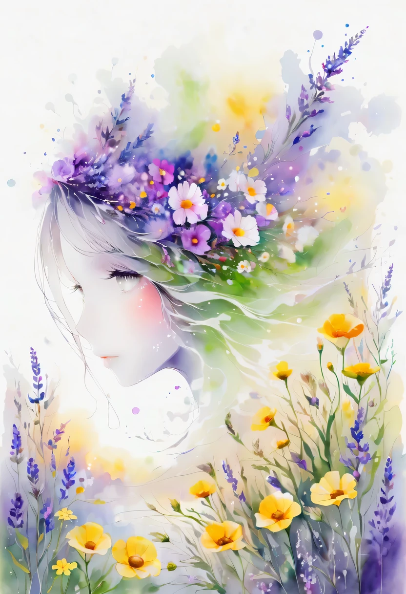 This watercolor flower painting presents an elegant and fresh visual effect。Wildflower and lavender fields,Forming the perfect combination of nature and romance。The screen is dominated by a white background,Highlight isolated watercolor flower。Splash technology recreates wet conditions,The atmosphere seems vague and dreamy。Unique composition and abstract expression add to the artistic feel of the picture,Contains elements of surrealism。The overall color tone is mainly light tones,Lilac and green complement each other beautifully,Show high-resolution details。The splash-ink effect adds a touch of agility to the picture,The light color gives the flowers a deep and restrained beauty.。