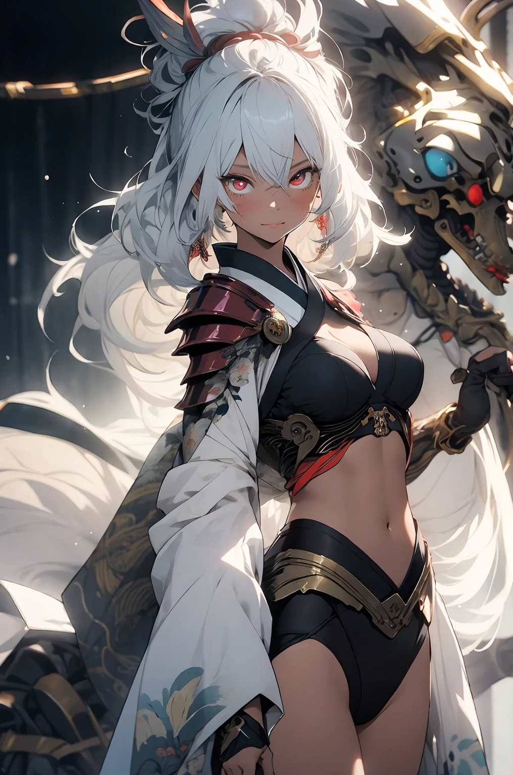 make it realistic,(masterpiece,highest quality,highest quality,very detailed,fractal art,most detailed,(The background is a fashion show:1.5)(1 girl),Kamimei,(hair length),(Shining red eyes and beautiful white hair、big breasts,trained abdominal muscles),crystal,high leotard,sexy,machine armor、Blake、wearing a kimono、Japanese clothing