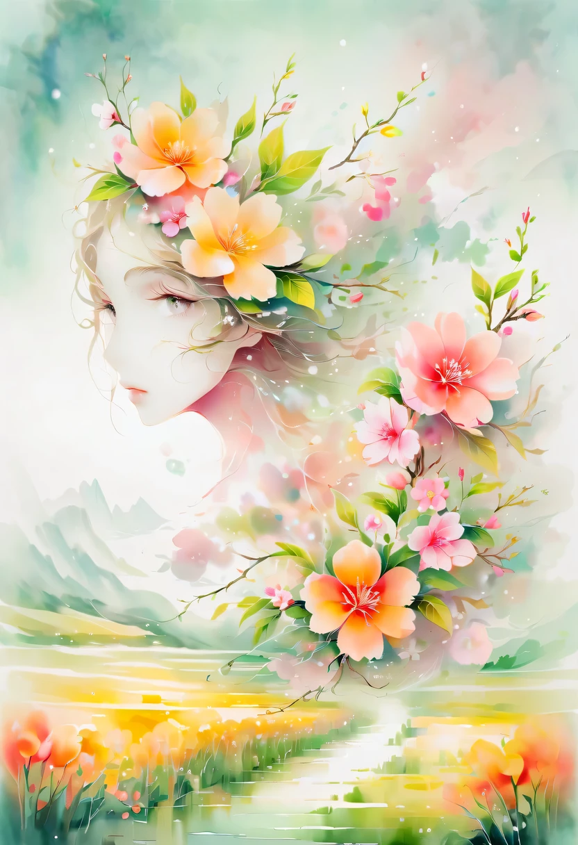 This watercolor flower painting presents an elegant and fresh visual effect。Wild flowers and peach blossoms intertwined in the fields,Forming the perfect combination of nature and romance。The screen is dominated by a white background,Highlight isolated watercolor flower。Splash technology recreates wet conditions,The atmosphere seems vague and dreamy。Unique composition and abstract expression add to the artistic feel of the picture,Contains elements of surrealism。The overall color tone is mainly light tones,Pale pink and green complement each other,Show high-resolution details。The splash-ink effect adds a touch of agility to the picture,The light color gives the flowers a deep and restrained beauty.。