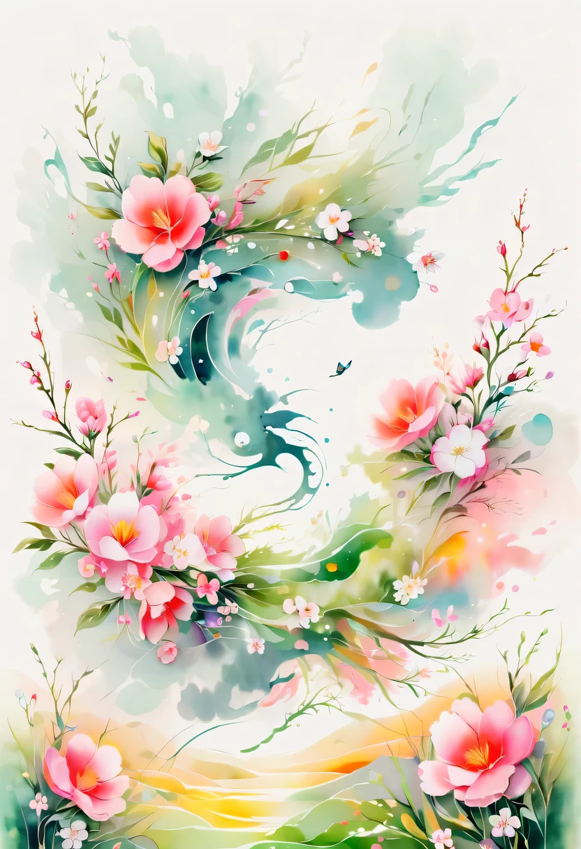 This watercolor flower painting presents an elegant and fresh visual effect。Wild flowers and peach blossoms intertwined in the fields，Forming the perfect combination of nature and romance。The screen is dominated by a white background，Highlight isolated watercolor flower。Splash technology recreates wet conditions，The atmosphere seems vague and dreamy。Unique composition and abstract expression add to the artistic feel of the picture，Contains elements of surrealism。The overall color tone is mainly light tones，Pale pink and green complement each other，Show high-resolution details。The splash-ink effect adds a touch of agility to the picture，The light color gives the flowers a deep and restrained beauty.。