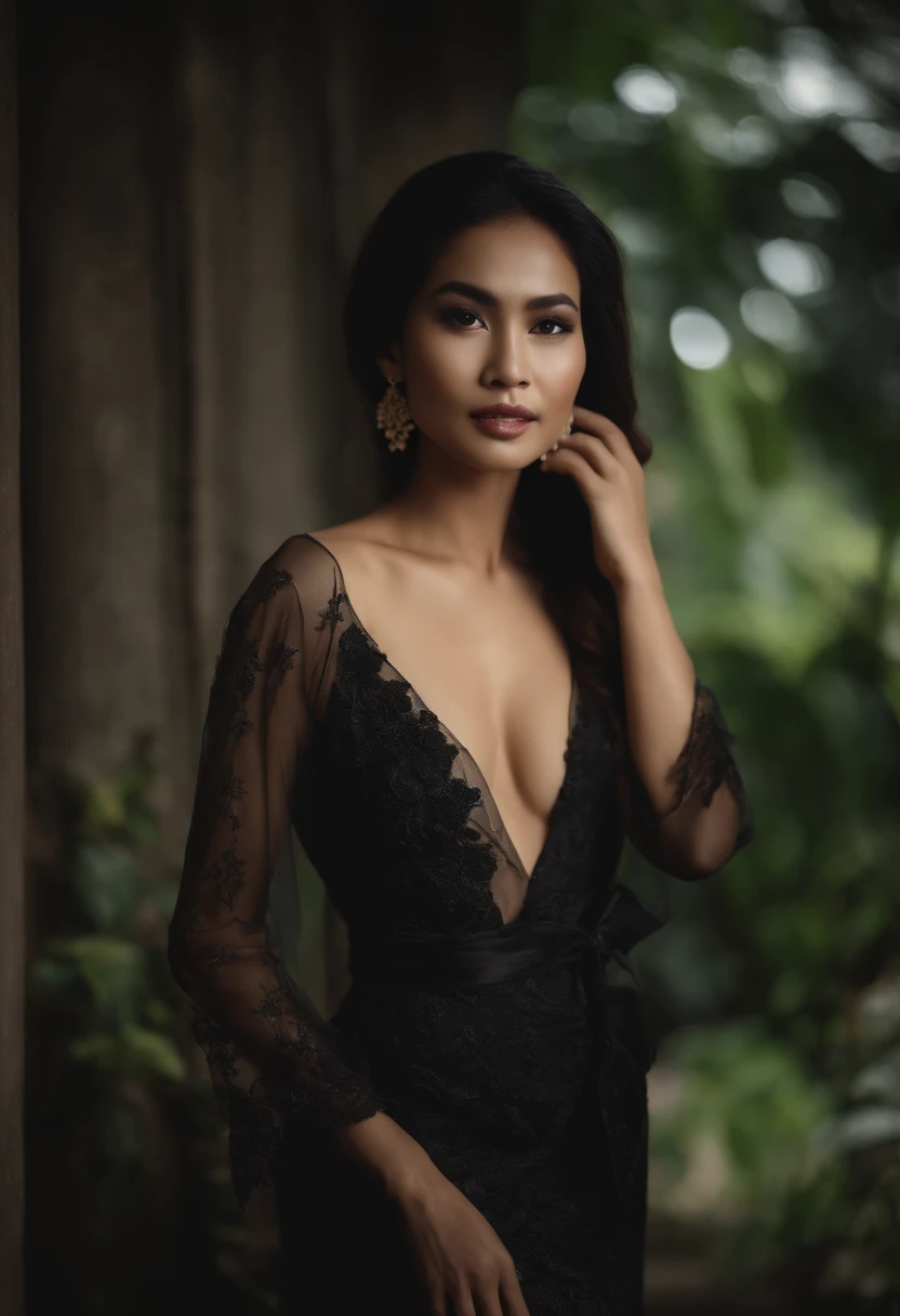 Very beautiful woman from Indonesia, flowers tucked in her ears, wearing a black kebaya Indonesian version without a bra, breasts clearly visible, wearing a long split cloth, thighs clearly visible, professional model pose, perfectly proportional body.