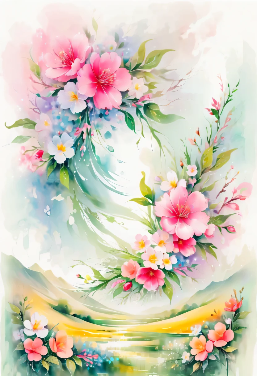 This watercolor flower painting presents an elegant and fresh visual effect。Wild flowers and peach blossoms intertwined in the fields,Forming the perfect combination of nature and romance。The screen is dominated by a white background,Highlight isolated watercolor flower。Splash technology recreates wet conditions,The atmosphere seems vague and dreamy。Unique composition and abstract expression add to the artistic feel of the picture,Contains elements of surrealism。The overall color tone is mainly light tones,Pale pink and green complement each other,Show high-resolution details。The splash-ink effect adds a touch of agility to the picture,The light color gives the flowers a deep and restrained beauty.。