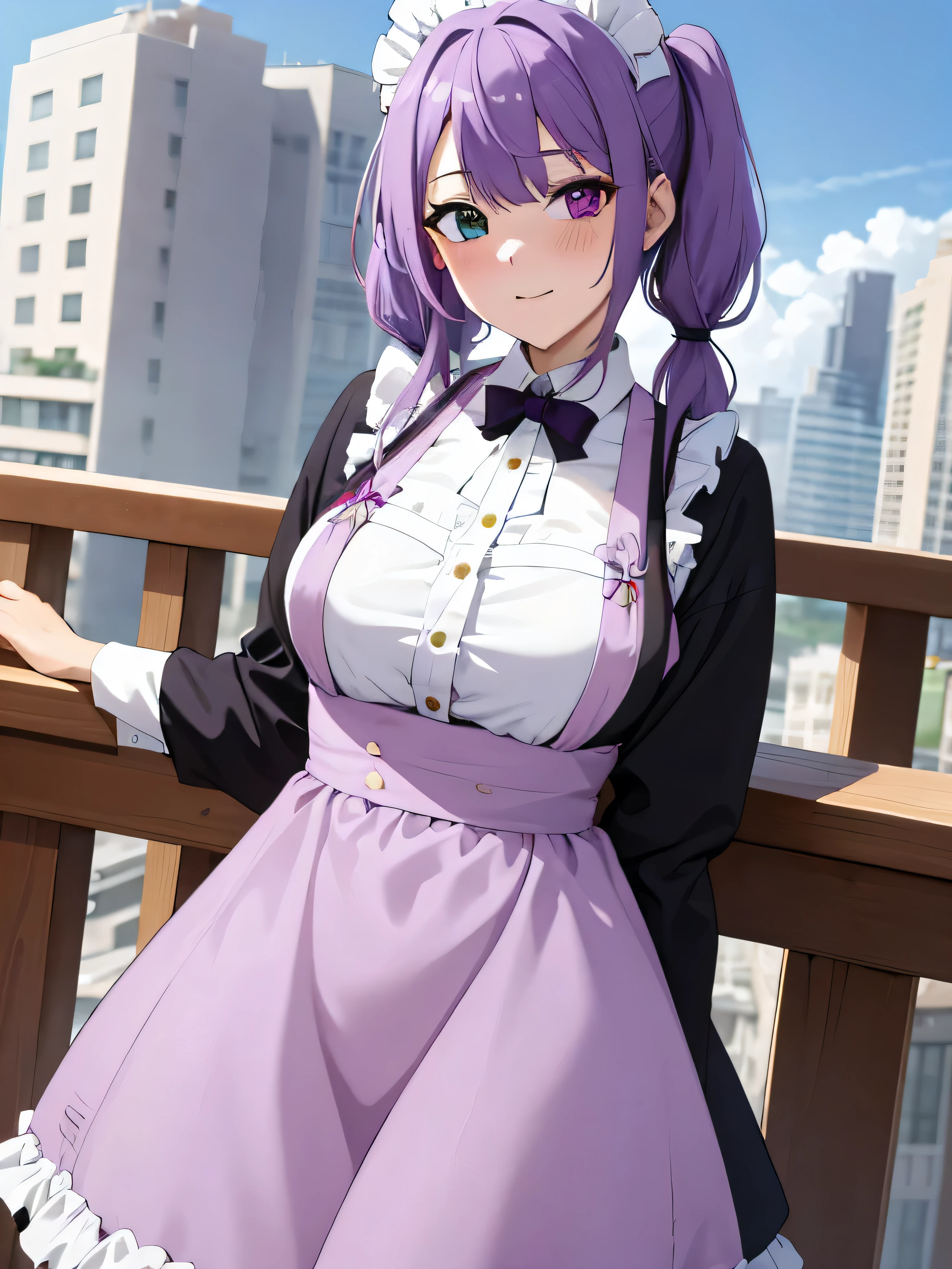 1girl, long purple hair, half-up pigtails, light purple streaks in hair, heterochromia, left eye blue, right eye gold, wearing maid dress, city, absurdres, high res, ultrasharp, 8K, masterpiece, looking at viewer