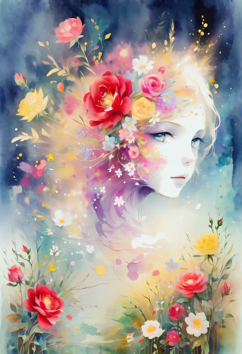 This watercolor flower painting presents an elegant and fresh visual effect。Wildflowers and roses in the field，Forming the perfect combination of nature and romance。The screen is dominated by a white background，Highlight isolated watercolor flower。Splash technology recreates wet conditions，The atmosphere seems vague and dreamy。Unique composition and abstract expression add to the artistic feel of the picture，Contains elements of surrealism。The overall color tone is mainly light tones，Red and gold complement each other，Show high-resolution details。The splash-ink effect adds a touch of agility to the picture，The light color gives the flowers a deep and restrained beauty.