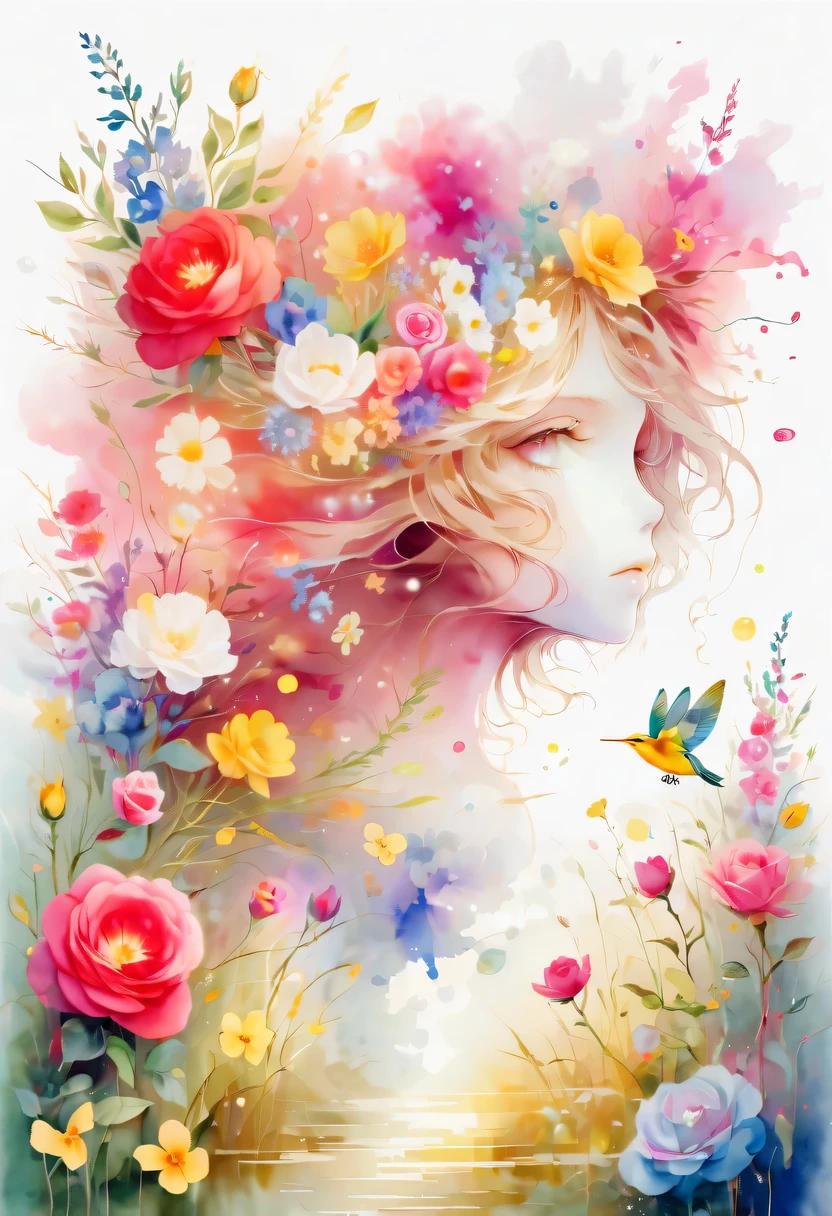 This watercolor flower painting presents an elegant and fresh visual effect。Wildflowers and roses in the field,Forming the perfect combination of nature and romance。The screen is dominated by a white background,Highlight isolated watercolor flower。Splash technology recreates wet conditions,The atmosphere seems vague and dreamy。Unique composition and abstract expression add to the artistic feel of the picture,Contains elements of surrealism。The overall color tone is mainly light tones,Red and gold complement each other,Show high-resolution details。The splash-ink effect adds a touch of agility to the picture,The light color gives the flowers a deep and restrained beauty.