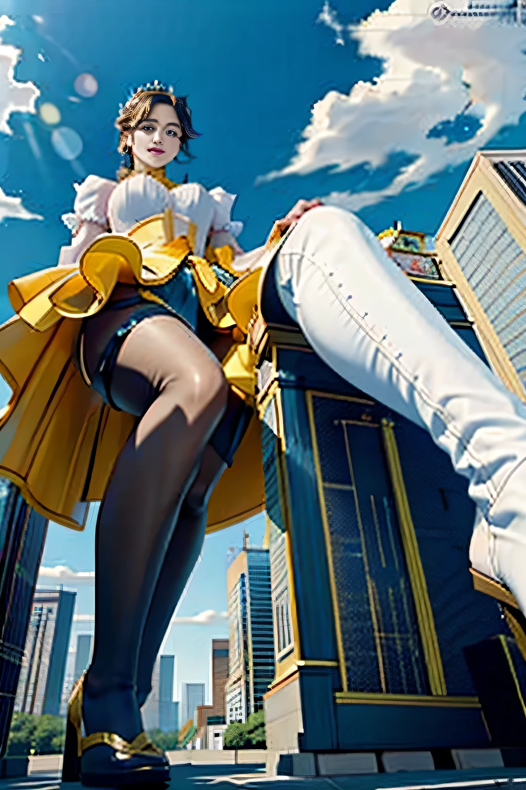 Giantの芸術, 非常に詳細なGiantショット, Giant, short hair, black pantyhose, A giant princess much bigger than a skyscraper, wearing rimless glasses, big breasts, big ass, White luxury dress, white pantyhose, white high heels, very small metropolis, miniature metropolis, full body description, GTS, ギガGiant, Stomping City, crash city, Small town, micro city, princess dress,