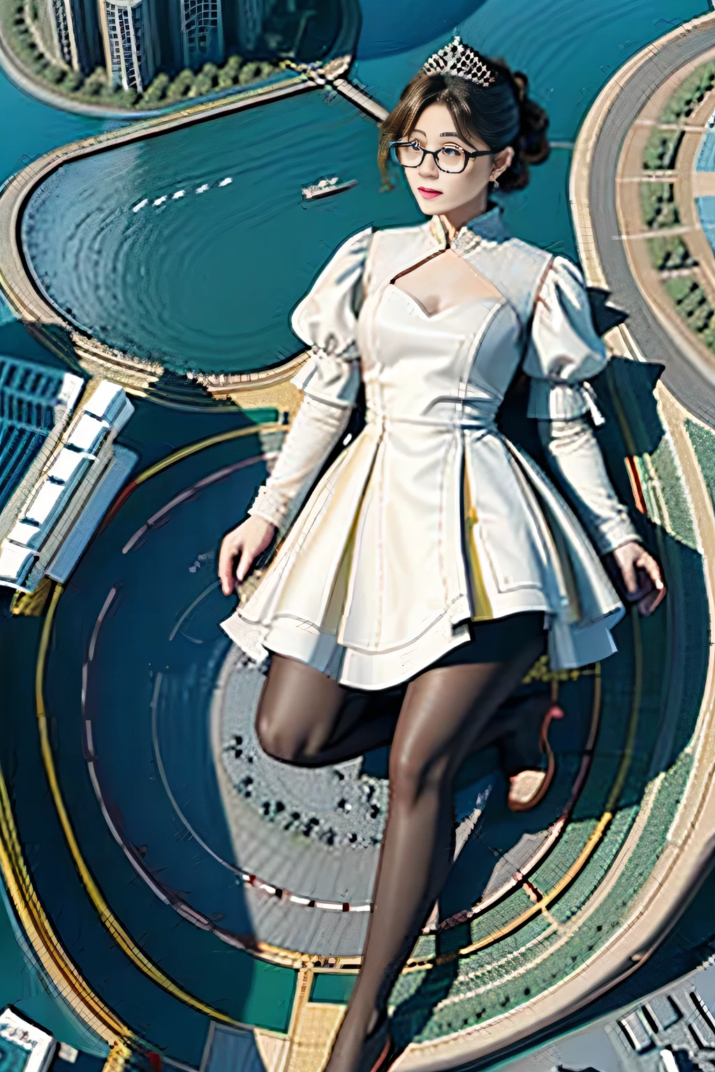 Giantの芸術, 非常に詳細なGiantショット, Giant, short hair, black pantyhose, A giant princess much bigger than a skyscraper, wearing rimless glasses, big breasts, big ass, White luxury dress, white pantyhose, white high heels, very small metropolis, miniature metropolis, full body description, GTS, ギガGiant, Stomping City, crash city, Small town, micro city, princess dress,