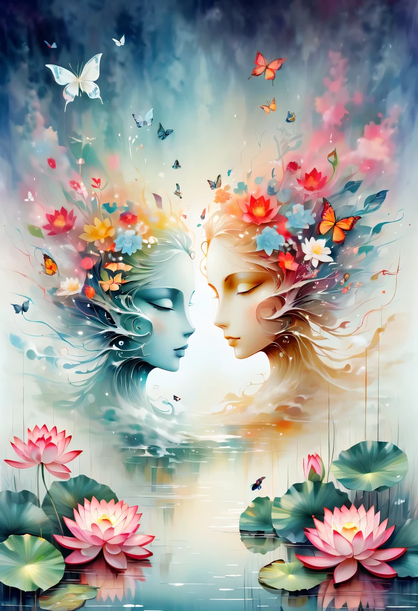 This watercolor flower painting presents an elegant and fresh visual effect。Wildflower and lavender fields，Forming the perfect combination of nature and romance。The screen is dominated by a white background，Highlight isolated watercolor flower。render with ink，Splash technology recreates wet conditions，The atmosphere seems vague and dreamy。Unique composition and abstract expression add to the artistic feel of the picture，Contains elements of surrealism。The overall color tone is mainly light tones，Lilac and green complement each other beautifully，Show high-resolution details。The splash-ink effect adds a touch of agility to the picture，The light color gives the flowers a deep and restrained beauty.。