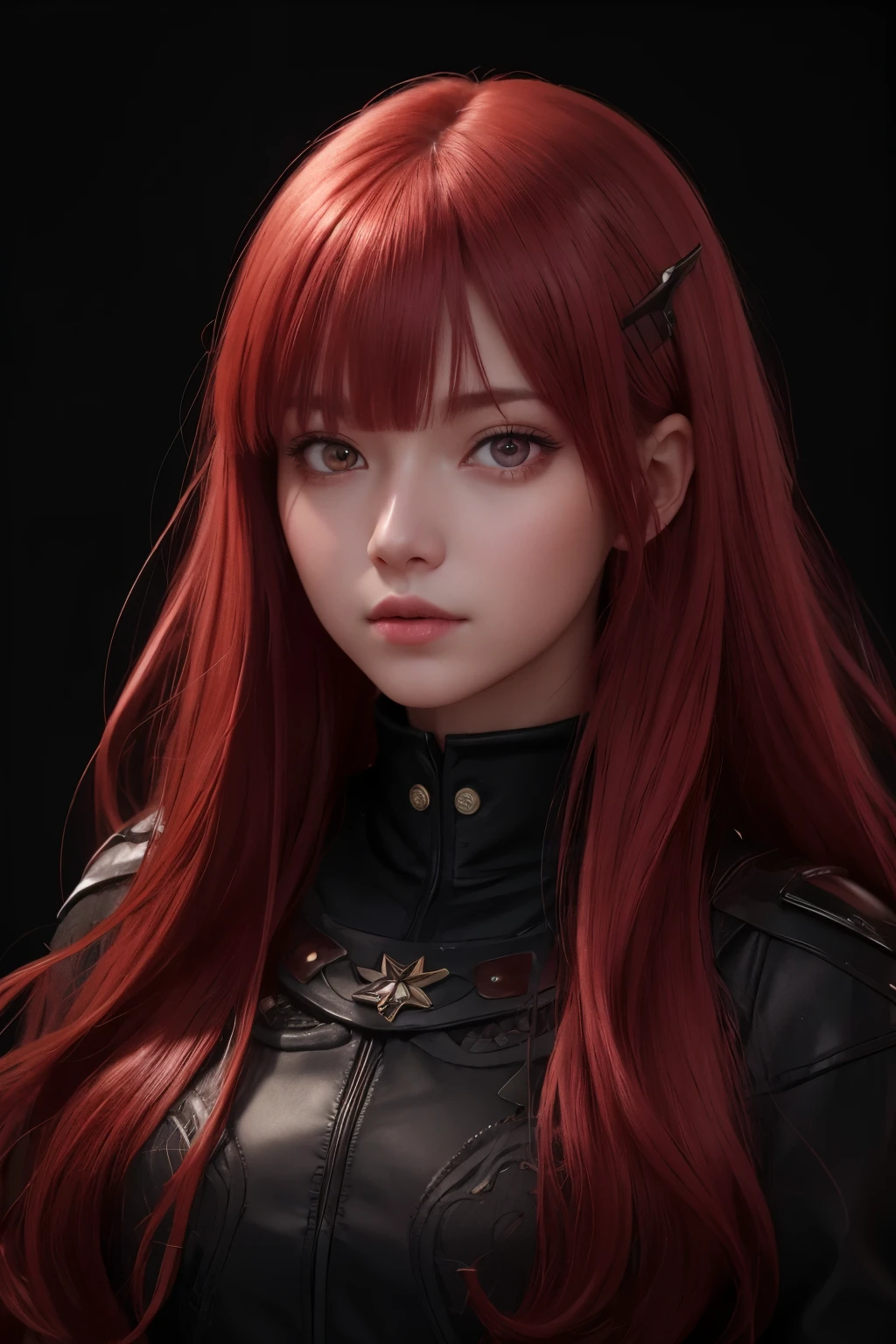 (makima), 1girl, star eye, blush, perfect illumination, red hair, red eyes, unreal engine, sidelighting, detailed face, bangs, bright skin, simple background, dark background,