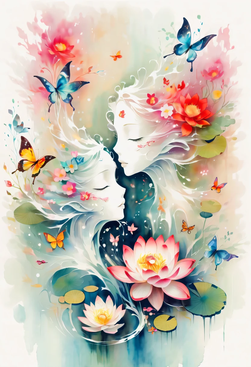 This watercolor flower painting presents an elegant and fresh visual effect。Lotus flowers and butterflies intertwined in the lake，Forming the perfect combination of nature and romance。The screen is dominated by a white background，Highlight isolated watercolor flower。Splash technology recreates wet conditions，The atmosphere seems vague and dreamy。Unique composition and abstract expression add to the artistic feel of the picture，Contains elements of surrealism。The overall color tone is mainly light tones，Red and gold complement each other，Show high-resolution details。The splash-ink effect adds a touch of agility to the picture，The light color gives the flowers a deep and restrained beauty.