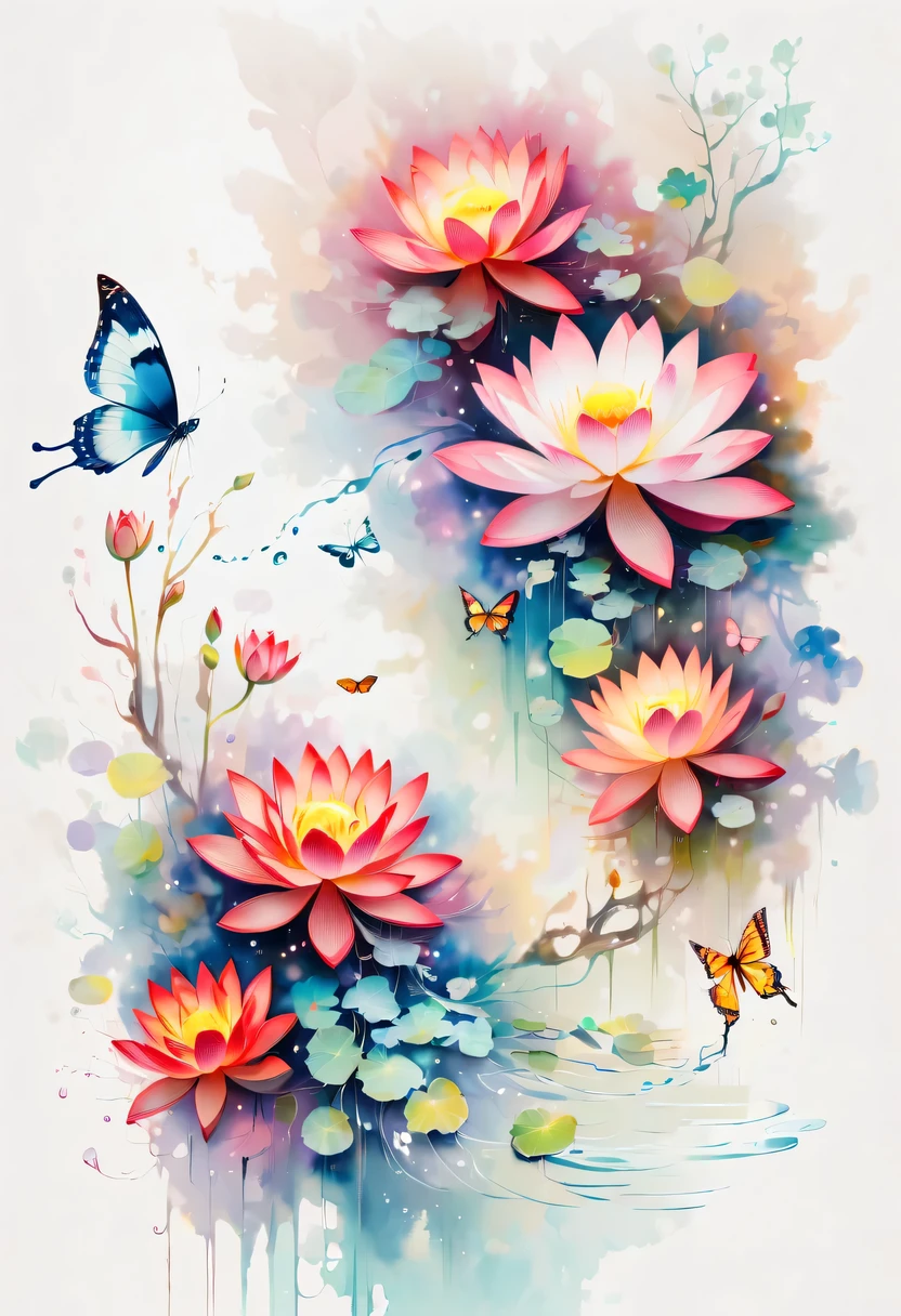 This watercolor flower painting presents an elegant and fresh visual effect。Lotus flowers and butterflies intertwined in the lake，Forming the perfect combination of nature and romance。The screen is dominated by a white background，Highlight isolated watercolor flower。Splash technology recreates wet conditions，The atmosphere seems vague and dreamy。Unique composition and abstract expression add to the artistic feel of the picture，Contains elements of surrealism。The overall color tone is mainly light tones，Red and gold complement each other，Show high-resolution details。The splash-ink effect adds a touch of agility to the picture，The light color gives the flowers a deep and restrained beauty.