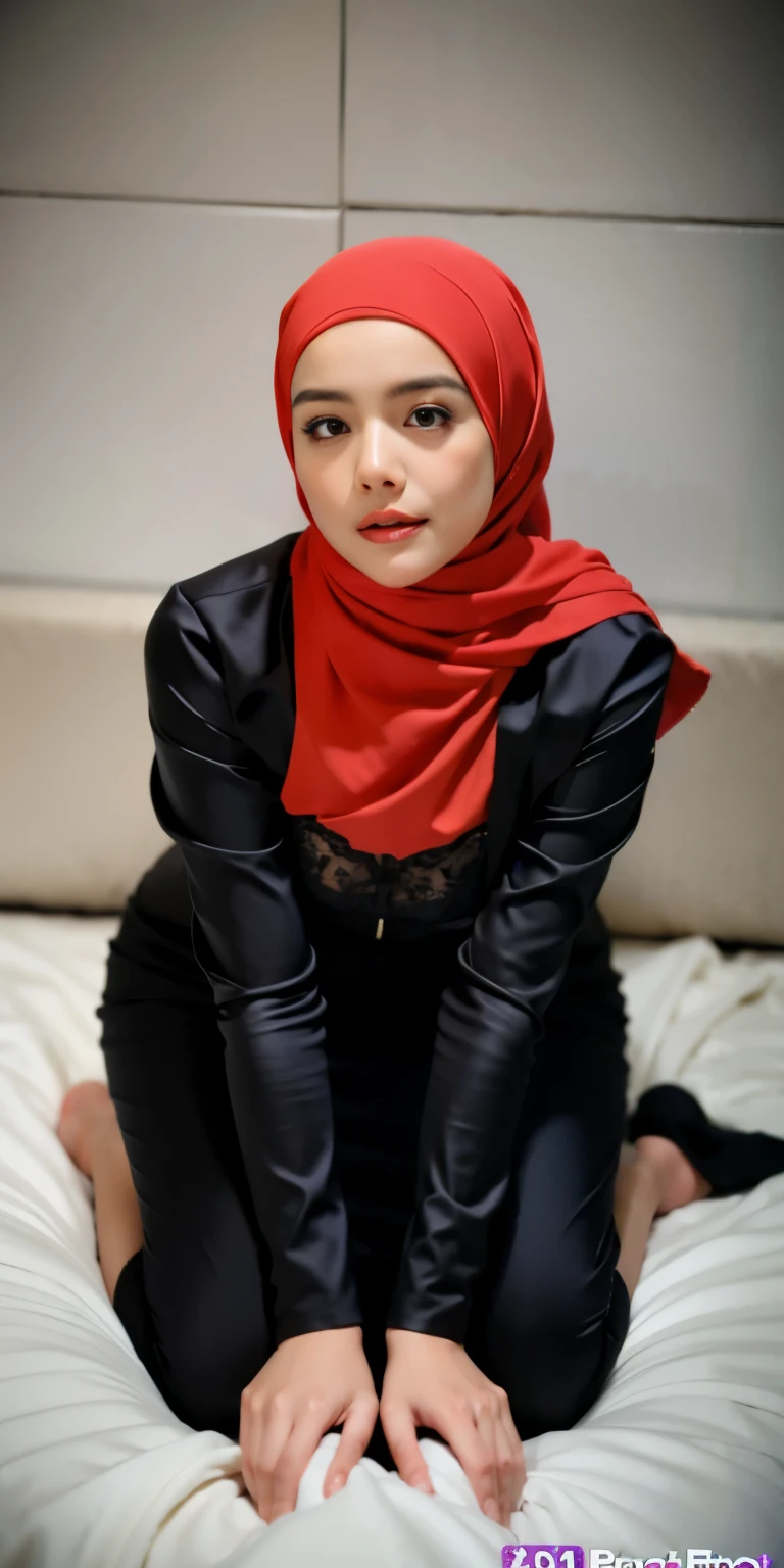 1 matured malay girl in hijab wear sexy wet black satin bra and panties kneeling, nighttime, full body, close-up, seducing, big sagging breast, cum on face, on the bed, (8k, RAW photo, best quality, masterpiece:1.2),(realistic, photo-realistic:1.37),