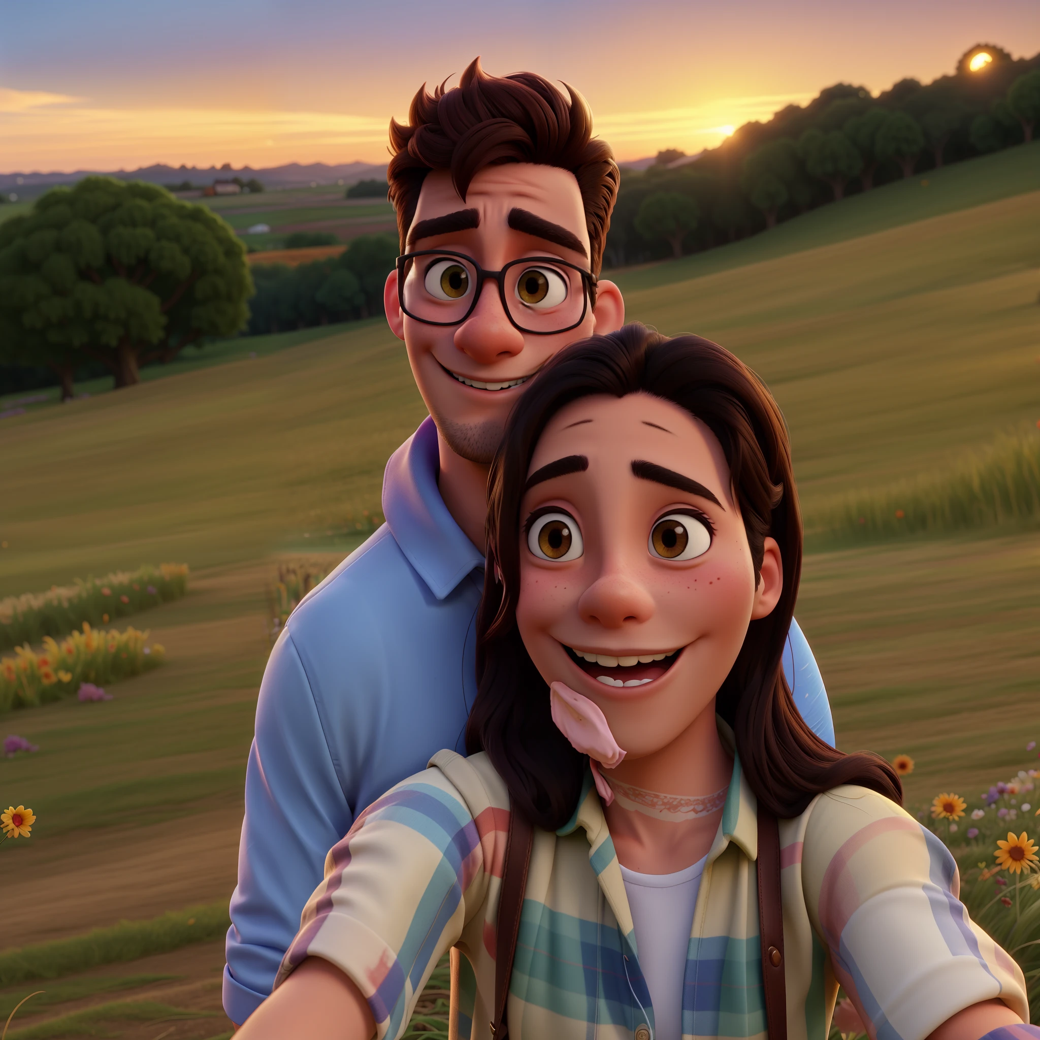 arafed couple taking a selfie in a field at sunset, jordan grimmer and natasha tan, with sunset, during a sunset, 😭🤮 💔, 8k selfie photograph, at a beautiful sunset, by Emma Andijewska, at the sunset, tyler edlin and natasha tan, 🤬 🤮 💕 🎀, sunset in the background