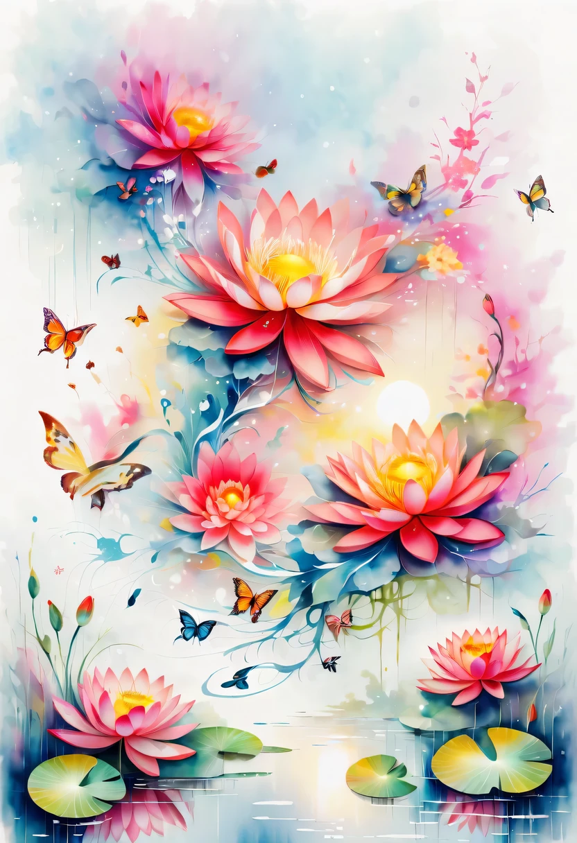 This watercolor flower painting presents an elegant and fresh visual effect。Lotus flowers and butterflies intertwined in the lake，Forming the perfect combination of nature and romance。The screen is dominated by a white background，Highlight isolated watercolor flower。Splash technology recreates wet conditions，The atmosphere seems vague and dreamy。Unique composition and abstract expression add to the artistic feel of the picture，Contains elements of surrealism。The overall color tone is mainly light tones，Red and gold complement each other，Show high-resolution details。The splash-ink effect adds a touch of agility to the picture，The light color gives the flowers a deep and restrained beauty.