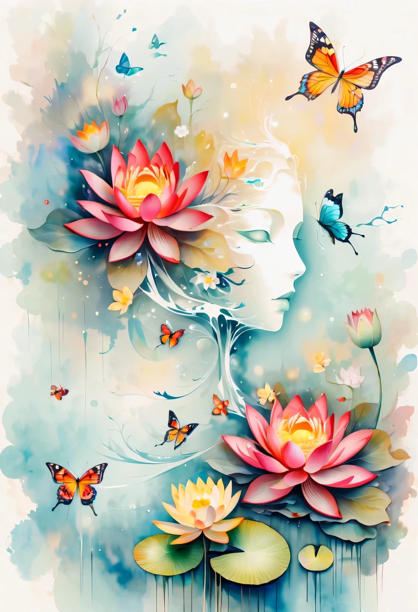 This watercolor flower painting presents an elegant and fresh visual effect。Lotus flowers and butterflies intertwined in the lake，Forming the perfect combination of nature and romance。The screen is dominated by a white background，Highlight isolated watercolor flower。Splash technology recreates wet conditions，The atmosphere seems vague and dreamy。Unique composition and abstract expression add to the artistic feel of the picture，Contains elements of surrealism。The overall color tone is mainly light tones，Red and gold complement each other，Show high-resolution details。The splash-ink effect adds a touch of agility to the picture，The light color gives the flowers a deep and restrained beauty.