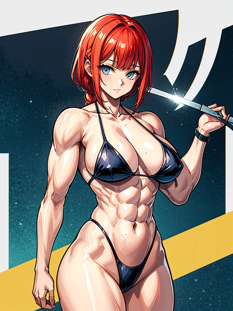 (((masterpiece、Highest image quality、highest quality、highly detailed unity 8kwallpaper)))、((Illustration of one girl))、(((beautiful girl)))、((red hair、Braid、sidelocks:1.4、blue eyes))、(((stocky build:1.5, thickset physique:1.6, muscular legs, broad shoulders:1.6, solid chest:1.wimsuit、sandy beach