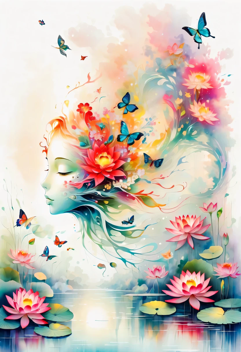 This watercolor flower painting presents an elegant and fresh visual effect。Lotus flowers and butterflies intertwined in the lake，Forming the perfect combination of nature and romance。The screen is dominated by a white background，Highlight isolated watercolor flower。Splash technology recreates wet conditions，The atmosphere seems vague and dreamy。Unique composition and abstract expression add to the artistic feel of the picture，Contains elements of surrealism。The overall color tone is mainly light tones，Red and gold complement each other，Show high-resolution details。The splash-ink effect adds a touch of agility to the picture，The light color gives the flowers a deep and restrained beauty.