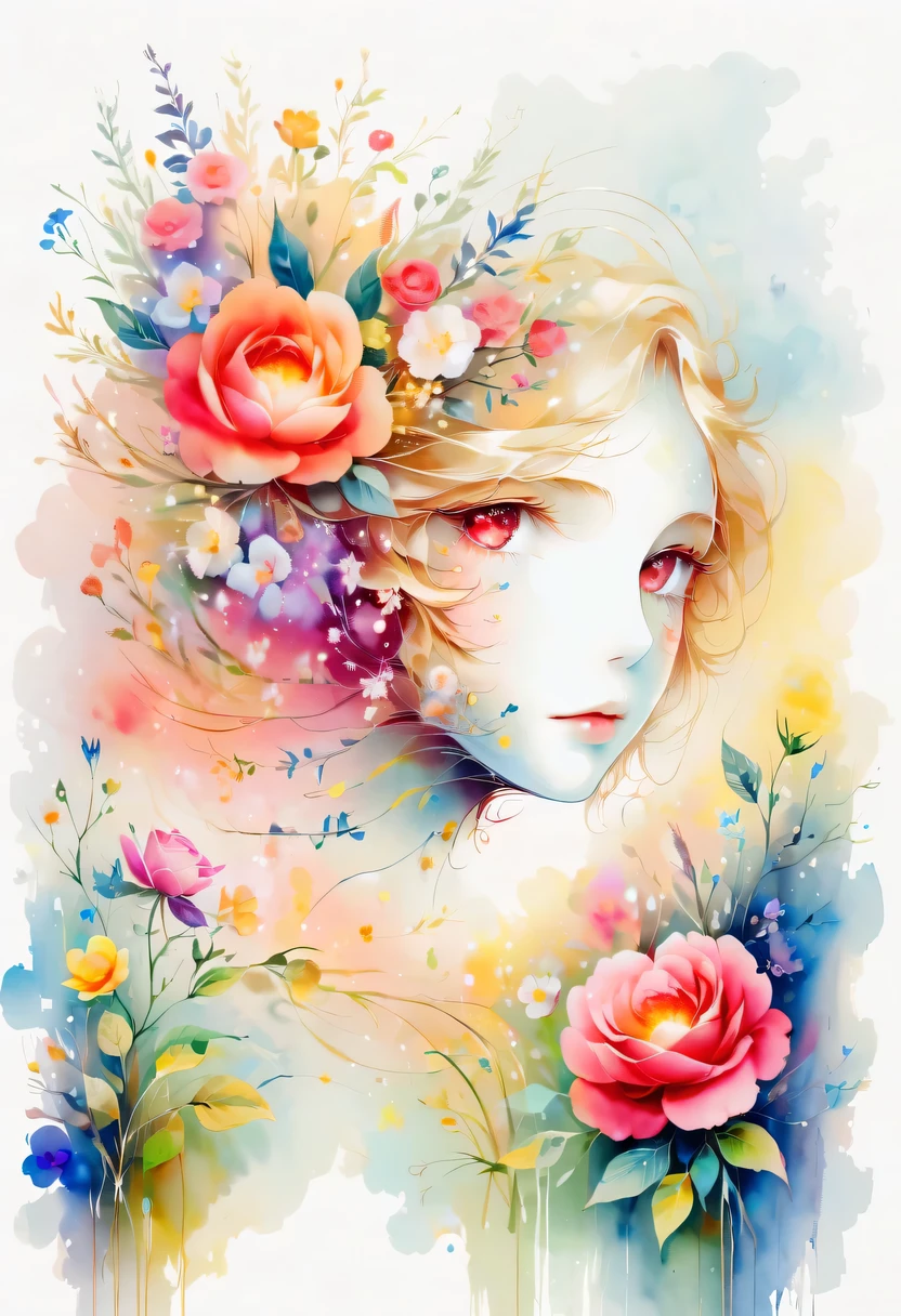 This watercolor flower painting presents an elegant and fresh visual effect。Wildflowers and roses in the field，Forming the perfect combination of nature and romance。The screen is dominated by a white background，Highlight isolated watercolor flower。Splash technology recreates wet conditions，The atmosphere seems vague and dreamy。Unique composition and abstract expression add to the artistic feel of the picture，Contains elements of surrealism。The overall color tone is mainly light tones，Red and gold complement each other，Show high-resolution details。The splash-ink effect adds a touch of agility to the picture，The light color gives the flowers a deep and restrained beauty.