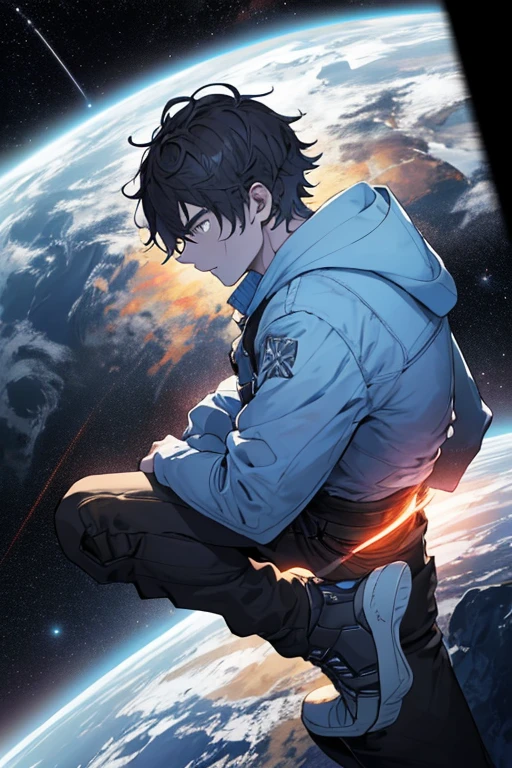 Zeichne einen jungen Programmierer, Sitzen auf einer Forschungsplattform, which floats in the middle of an asteroid belt. Er lernt mit einem Notizbuch, umgeben von mehreren Asteroiden, die mit feurigen Auren leuchten. Dramatische Beleuchtung von fernen Sternen und Planeten erhellt die Szene, tiefe Schatten auf den Anzug werfen. Der junge Mann wirkt selbstbewusst und entschlossen, das weite und geheimnisvolle Universum mit Staunen und Respekt betrachten,Gesichtsbehaarung, Cowboy-Schuss,