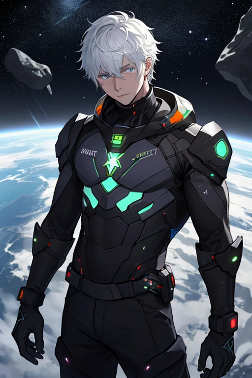 Zeichne einen jungen Programmierer, Sitzen auf einer Forschungsplattform, which floats in the middle of an asteroid belt. Er lernt mit einem Notizbuch, umgeben von mehreren Asteroiden, die mit feurigen Auren leuchten. Dramatische Beleuchtung von fernen Sternen und Planeten erhellt die Szene, tiefe Schatten auf den Anzug werfen. Der junge Mann wirkt selbstbewusst und entschlossen, das weite und geheimnisvolle Universum mit Staunen und Respekt betrachten,Gesichtsbehaarung, Cowboy-Schuss,