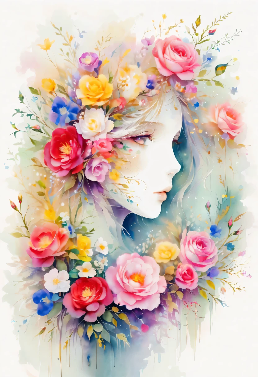 This watercolor flower painting presents an elegant and fresh visual effect。Wildflowers and roses in the field，Forming the perfect combination of nature and romance。The screen is dominated by a white background，Highlight isolated watercolor flower。Splash technology recreates wet conditions，The atmosphere seems vague and dreamy。Unique composition and abstract expression add to the artistic feel of the picture，Contains elements of surrealism。The overall color tone is mainly light tones，Red and gold complement each other，Show high-resolution details。The splash-ink effect adds a touch of agility to the picture，The light color gives the flowers a deep and restrained beauty.