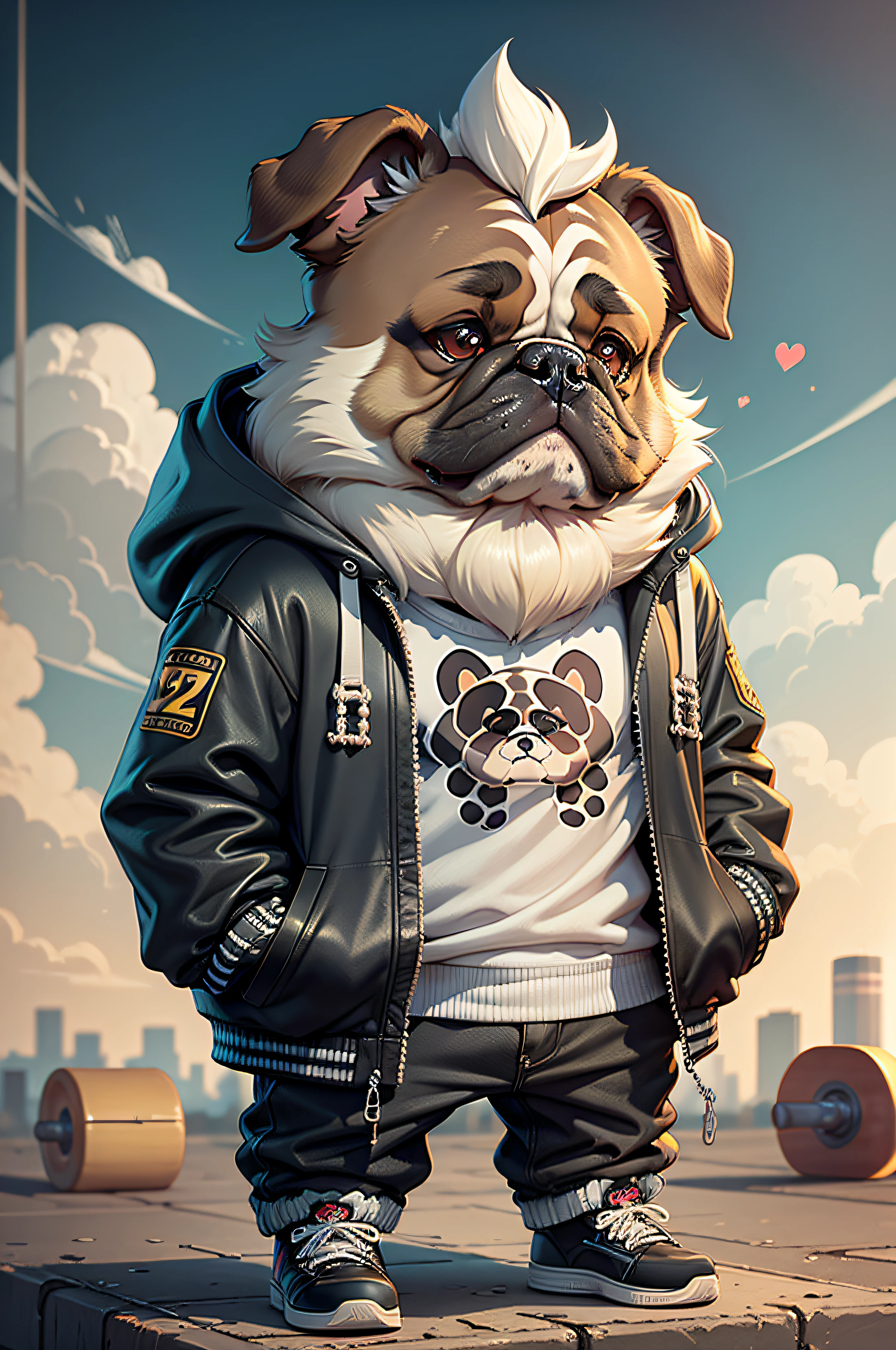 C4tt4stic, Cartoon lop-eared bulldog dog with jacket and skateboard(Body hair is black、droopy ears、)