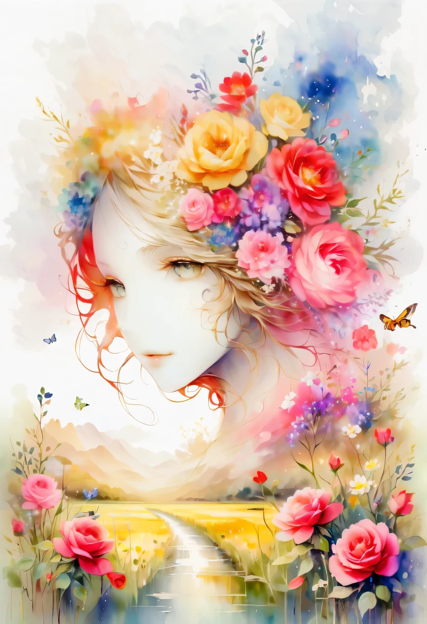 This watercolor flower painting presents an elegant and fresh visual effect。Wildflowers and roses in the field，Forming the perfect combination of nature and romance。The screen is dominated by a white background，Highlight isolated watercolor flower。Splash technology recreates wet conditions，The atmosphere seems vague and dreamy。Unique composition and abstract expression add to the artistic feel of the picture，Contains elements of surrealism。The overall color tone is mainly light tones，Red and gold complement each other，Show high-resolution details。The splash-ink effect adds a touch of agility to the picture，The light color gives the flowers a deep and restrained beauty.