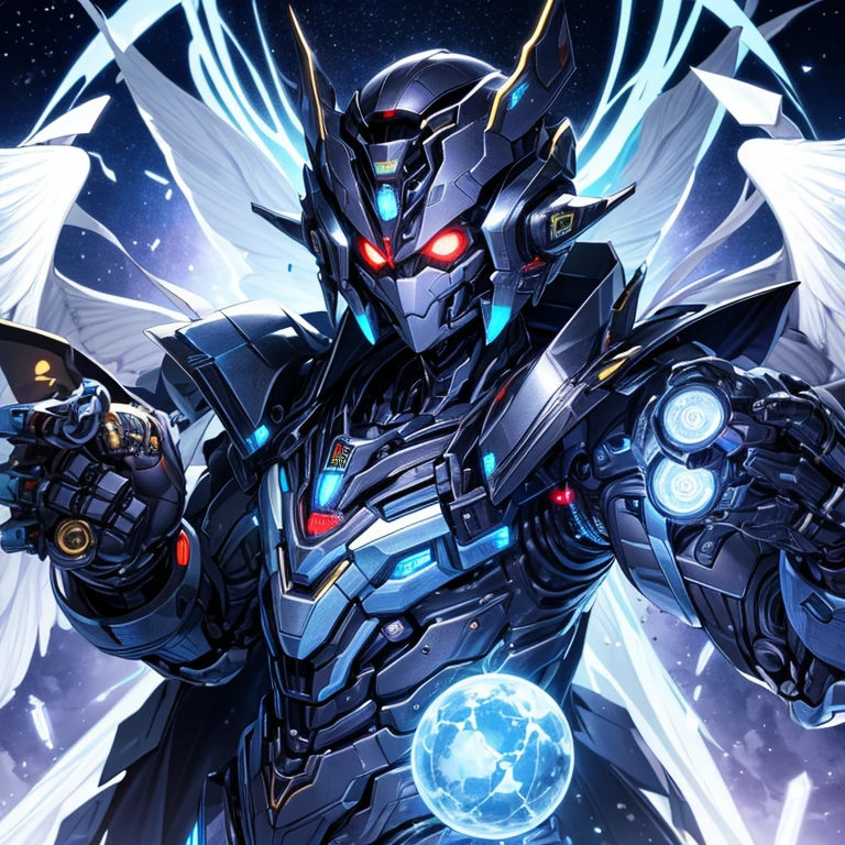 Humanoid、robot、mechanical、（He has a magnum on his right arm.）、glowing eyes、Black overall、Angel&#39;s wing、Money、(((Metharon)))