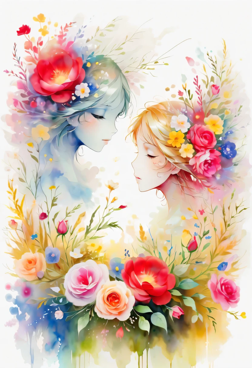 This watercolor flower painting presents an elegant and fresh visual effect。Wildflowers and roses in the field，Forming the perfect combination of nature and romance。The screen is dominated by a white background，Highlight isolated watercolor flower。Splash technology recreates wet conditions，The atmosphere seems vague and dreamy。Unique composition and abstract expression add to the artistic feel of the picture，Contains elements of surrealism。The overall color tone is mainly light tones，Red and gold complement each other，Show high-resolution details。The splash-ink effect adds a touch of agility to the picture，The light color gives the flowers a deep and restrained beauty.