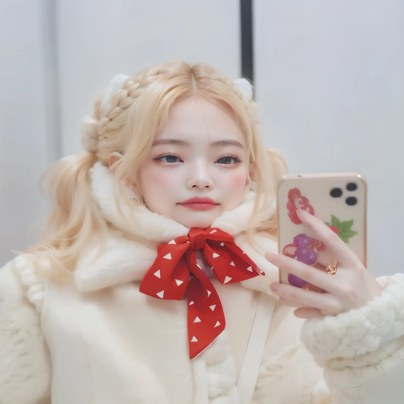 blonde woman with a red bow holding a cell phone, Bela Delfina, Ulzzang, dilraba dilmurat, elle fanning), Retrato realista kawaii, retrato de Kim Petras, ruan fofo vtuber, retrato suave fotografado 8k, sakimichan, red bow in hair, fair and pale skin!!, linda garota kawaii