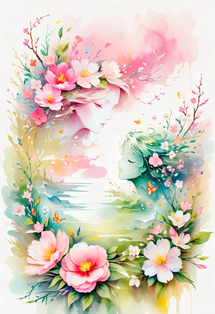 This watercolor flower painting presents an elegant and fresh visual effect。Wildflower and lavender fields，Forming the perfect combination of nature and romance。The screen is dominated by a white background，Highlight isolated watercolor flower。render with ink，Splash technology recreates wet conditions，The atmosphere seems vague and dreamy。Unique composition and abstract expression add to the artistic feel of the picture，Contains elements of surrealism。The overall color tone is mainly light tones，Lilac and green complement each other beautifully，Show high-resolution details。The splash-ink effect adds a touch of agility to the picture，The light color gives the flowers a deep and restrained beauty.。