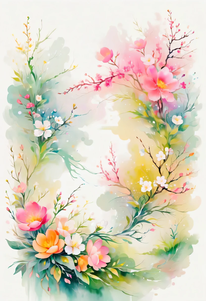 This watercolor flower painting presents an elegant and fresh visual effect。Wild flowers and peach blossoms intertwined in the fields，Forming the perfect combination of nature and romance。The screen is dominated by a white background，Highlight isolated watercolor flower。Splash technology recreates wet conditions，The atmosphere seems vague and dreamy。Unique composition and abstract expression add to the artistic feel of the picture，Contains elements of surrealism。The overall color tone is mainly light tones，Pale pink and green complement each other，Show high-resolution details。The splash-ink effect adds a touch of agility to the picture，The light color gives the flowers a deep and restrained beauty.。