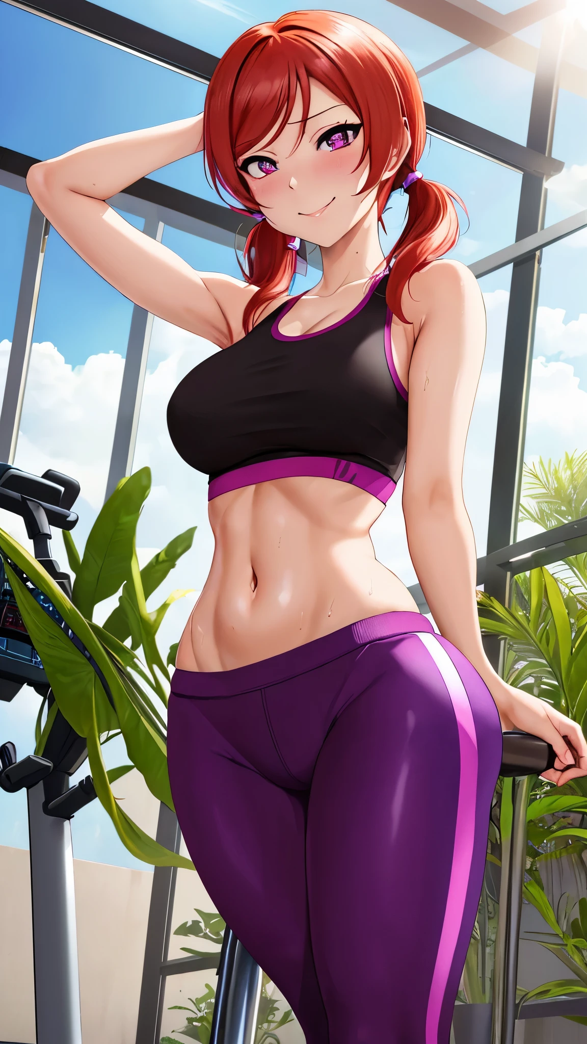 masterpiece, best quality,(NSFW:0.9),pov, from below,Nishikino maki, standing,purple eyes, smile, low twintails, tank top, gym pants, sweating,Plants,sun, light ray, Closed mouth, after workout ,skin tight