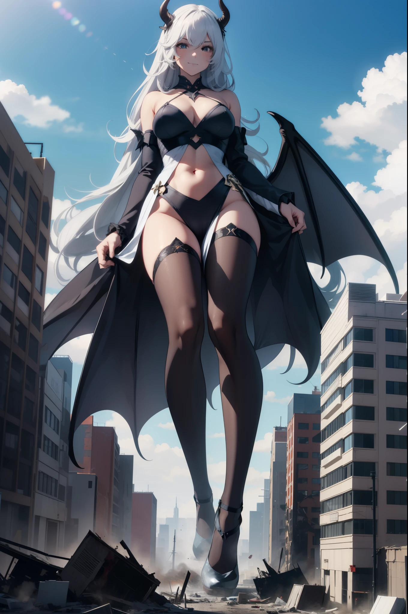 Aerial View，Giant girl 50,000 feet tall，Have a pair of long legs，Possessing a pair of huge demon wings，Has white waist-length hair，Loose hair，Wearing a pair of Mary Jane shoes，white curly hair，A look of enjoyment，Standing tall on a destroyed city，Beautiful appearance，Exquisite makeup，quality，8k，high quality，(governor:1.5)，perfect proportions, Cinema lighting，film grain，Fuji colors，8k，textured skin，Super details，high detail，high quality，high resolution，explode，fake smile，black stockings，blood stains，脚底有blood stains